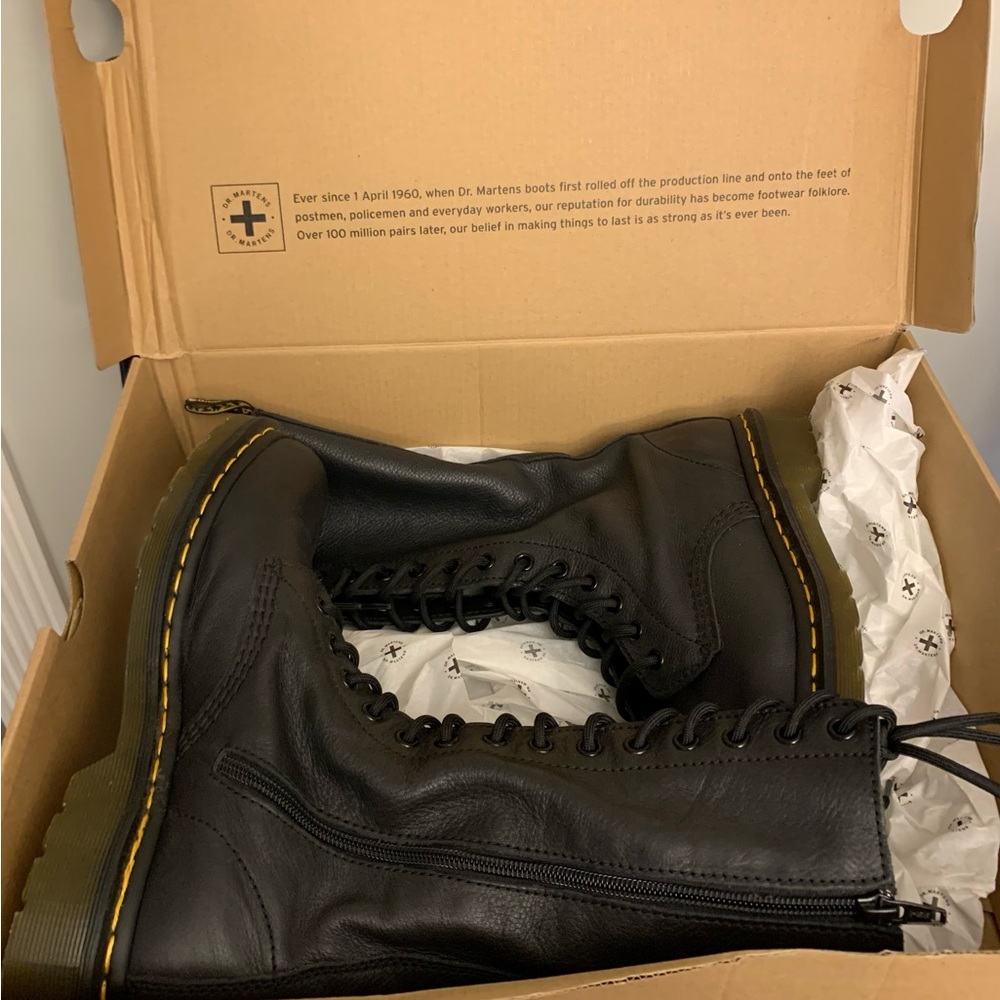 Dr. Martens Black Leather Lace-Up Combat Boots with Yellow Stitching - Picture 2 of 6